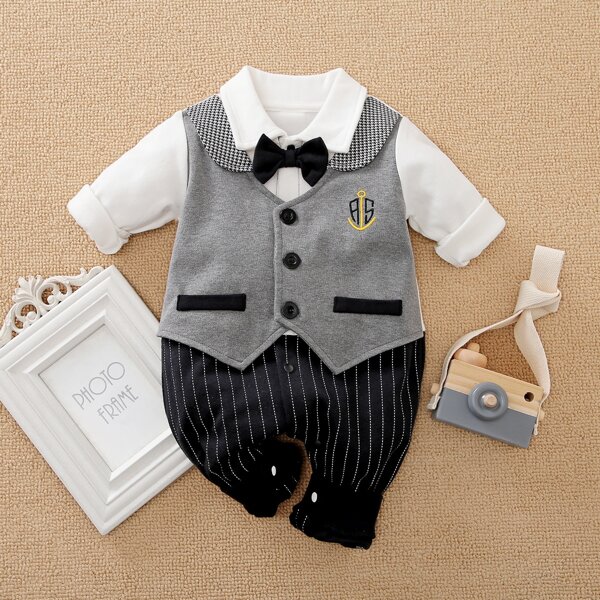 

Baby Boy Embroidery Detail Bow Neck Jumpsuit, Multicolor