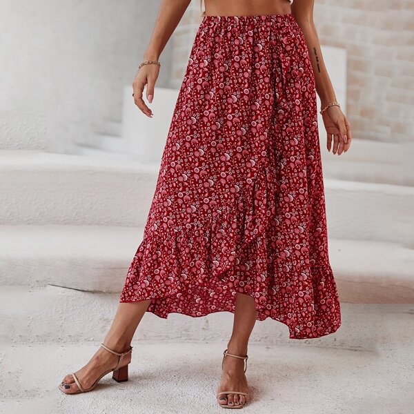 

Allover Floral Print Ruffle Hem Skirt, Burgundy