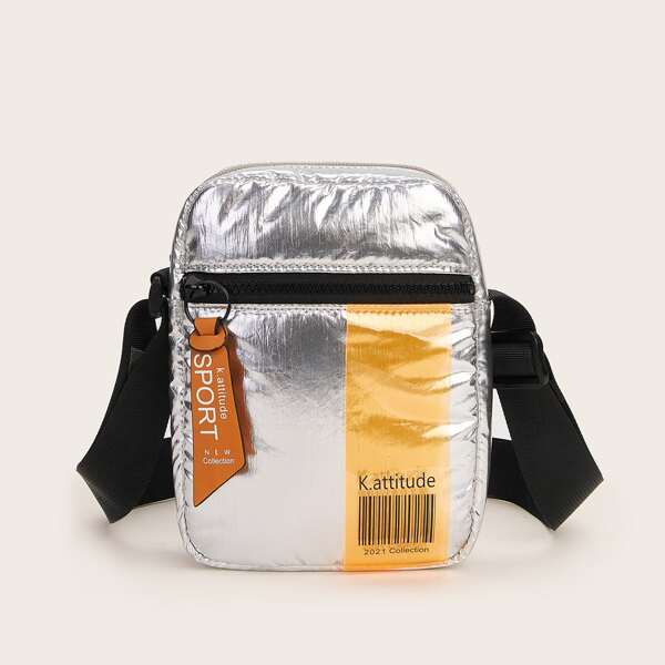 

Metallic Letter Graphic Zip Front Crossbody Bag, Silver