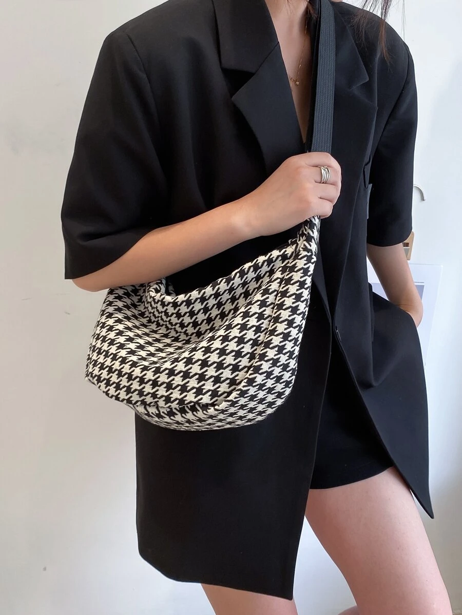 Houndstooth Pattern Crossbody Bag - Black and White - View 1