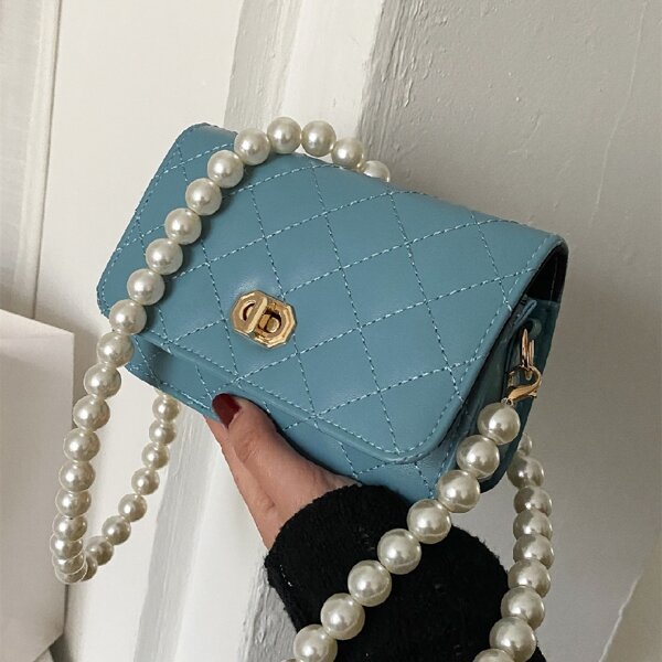 

Faux Pearl Strap Twist Lock Quilted Crossbody Bag, Blue