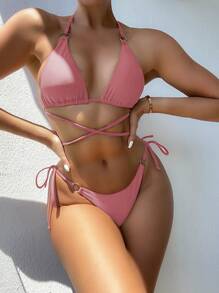 Criss Cross Triangle Tie Side Bikini - Baby Pink - View 1
