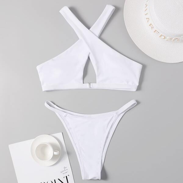 

Crisscross Front Thong Bikini Swimsuit, White