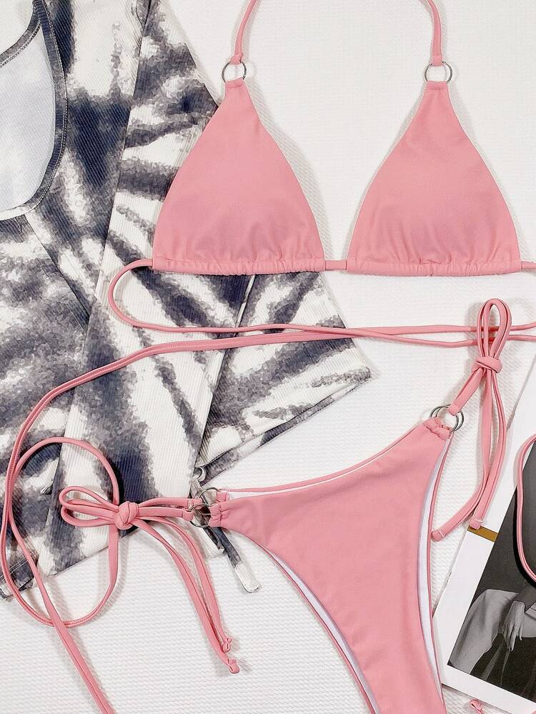 Criss Cross Triangle Tie Side Bikini - Baby Pink - View 3