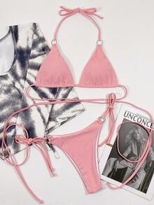 Criss Cross Triangle Tie Side Bikini - Baby Pink - View 4