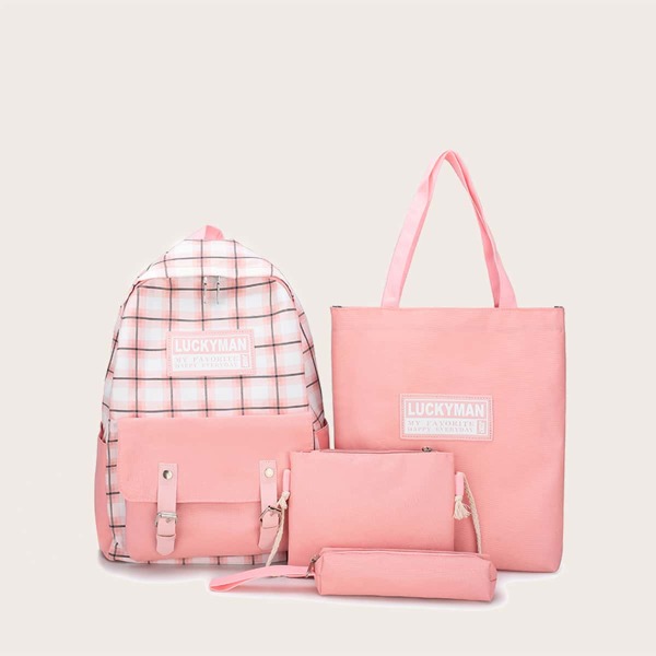 

4Pcs Plaid Graphic Buckle Decor Bag Set, Pink