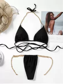 Bikini Tam Giác Liên Kết Dây Xích - màu đen - Xem 2