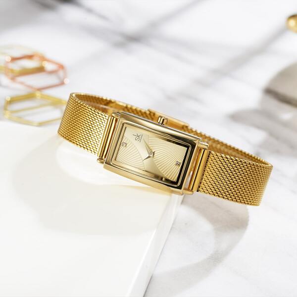 

Rhinestone Decor Rectangle Pointer Quartz Watch