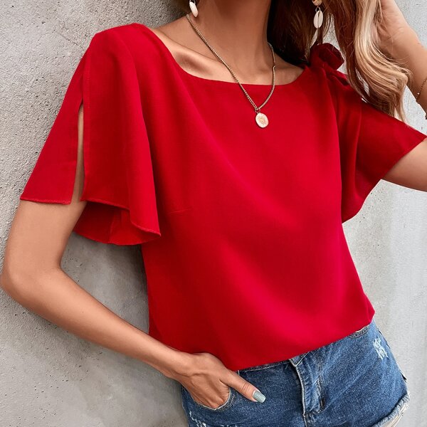 

Solid Petal Sleeve Blouse, Red