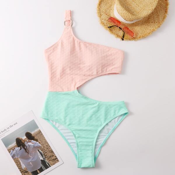 

Two Tone Cut-out One Shoulder One Piece Swimsuit, Multicolor