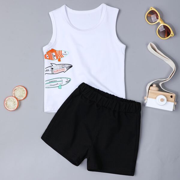 

Toddler Boys Cartoon And Letter Graphic Tank Top With Shorts, Multicolor