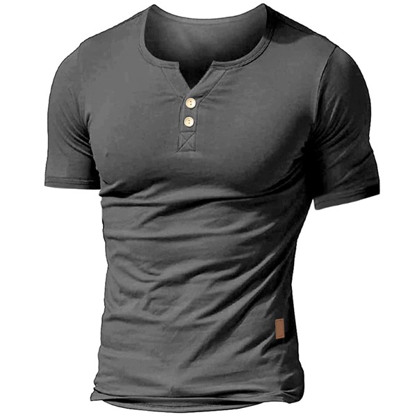 

Men Solid Button Front Notch Neck Tee, Dark grey