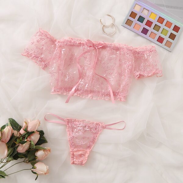 

Embroidered Mesh Bardot Lingerie Set, Pink
