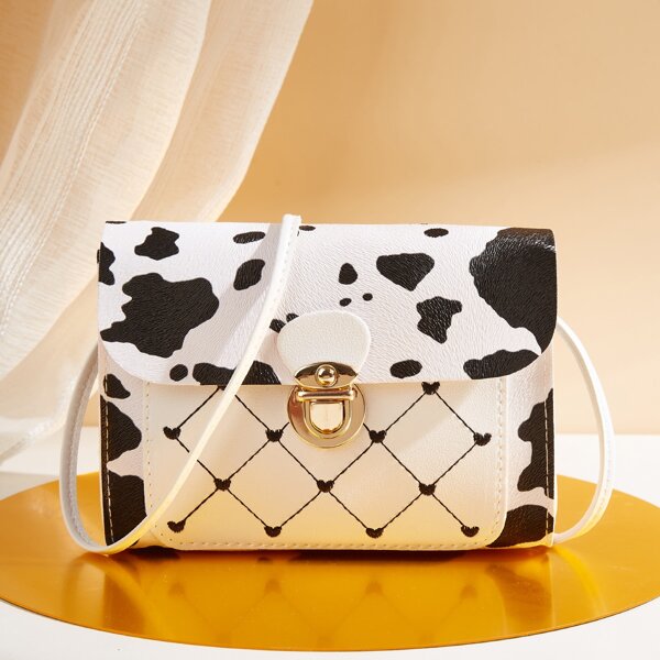 

Cow Pattern Stitch Detail Push Lock Crossbody Bag, Black and white
