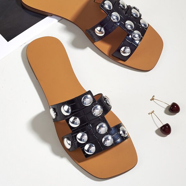 

Studded Decor Cut-out Slide Sandals, Black