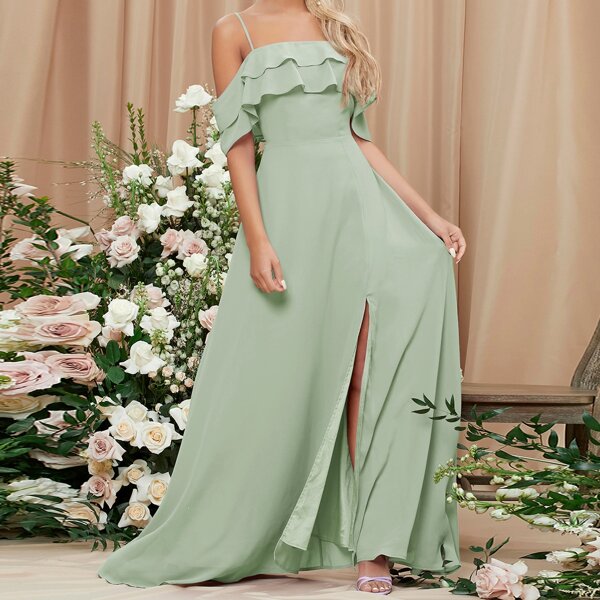 

Cold Shoulder Ruffle Trim Split Thigh Dress, Mint green