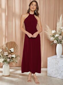 SHEIN Ruched Waistband Halter Dress - لون كستنائي - مشاهدة 1