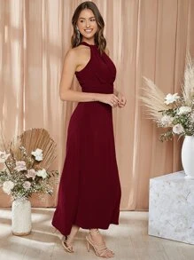SHEIN Ruched Waistband Halter Dress - لون كستنائي - مشاهدة 3