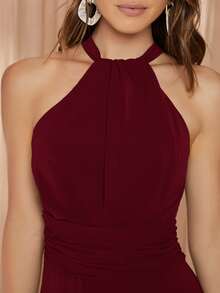 SHEIN Ruched Waistband Halter Dress - لون كستنائي - مشاهدة 4