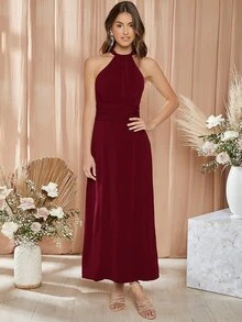SHEIN Ruched Waistband Halter Dress - لون كستنائي - مشاهدة 5