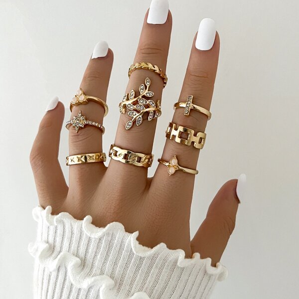 

9pcs Rhinestone Detail Ring, Gold