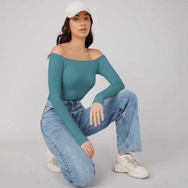 

Off Shoulder Fitted Bodysuit, Blue