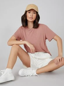 SHEIN BASICS Áo thun màu trơn Giải trí - Bụi hồng - Xem 1