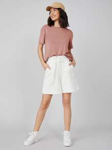 SHEIN BASICS Áo thun màu trơn Giải trí - Bụi hồng - Xem 3