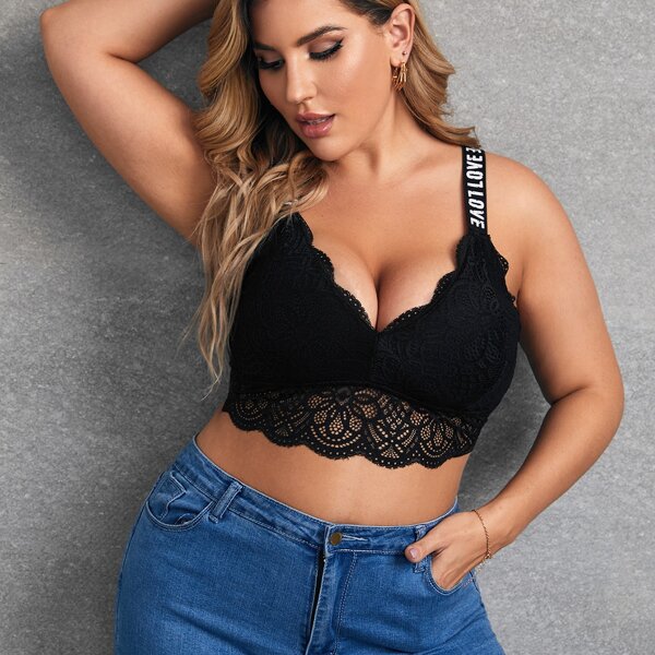 

Plus Floral Lace Scallop Trim Bra, Black