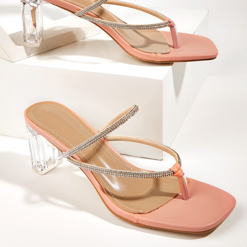

Rhinestone Decor Clear Heeled Thong Sandals, Pink