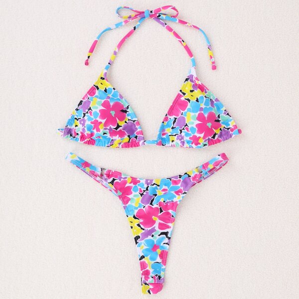 

Floral Triangle Thong Bikini Swimsuit, Multicolor