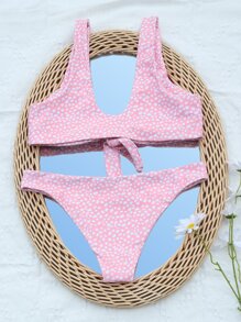 SHEIN Swim Dalmatian Knot Front Bikini Set, For Summer Beach Vacation - Baby Pink - View 2