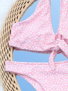 SHEIN Swim Dalmatian Knot Front Bikini Set, For Summer Beach Vacation - Baby Pink - View 3