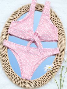 SHEIN Swim Dalmatian Knot Front Bikini Set, For Summer Beach Vacation - Baby Pink - View 4