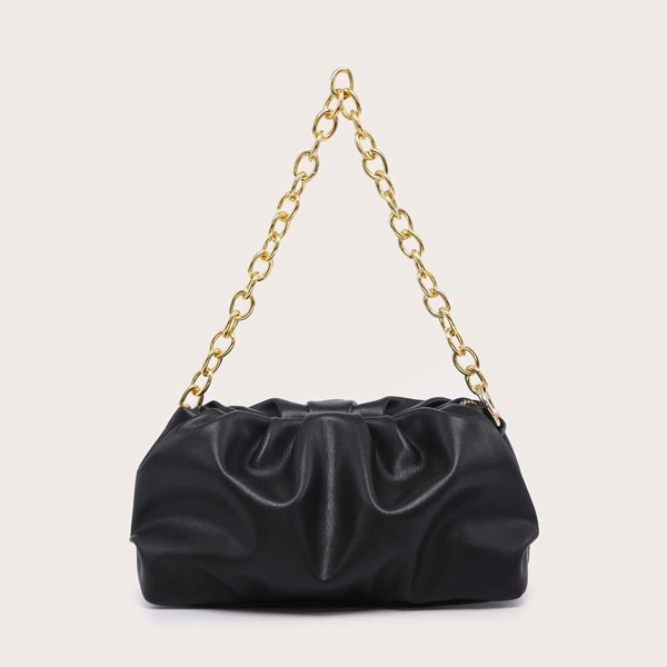 

Minimalist Ruched Chain Shoulder Bag, Black