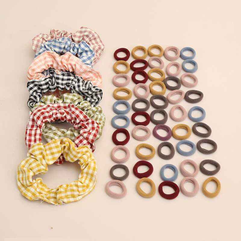 

50pcs Plaid & Plain Hair Tie, Multicolor
