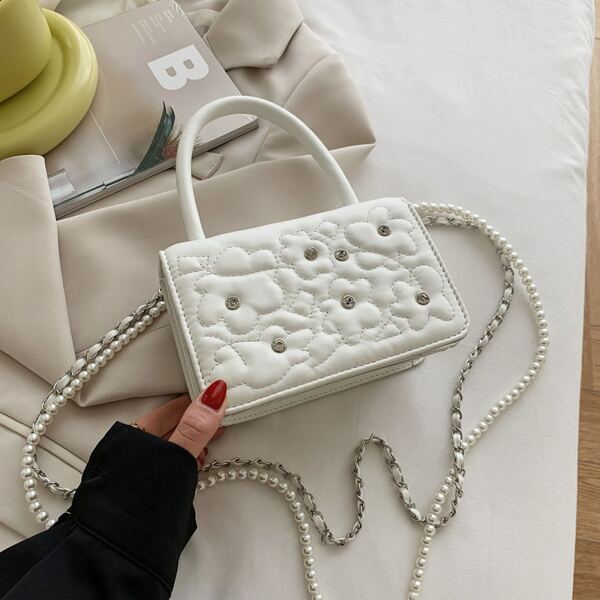 

Rhinestone Decor Satchel Bag, White