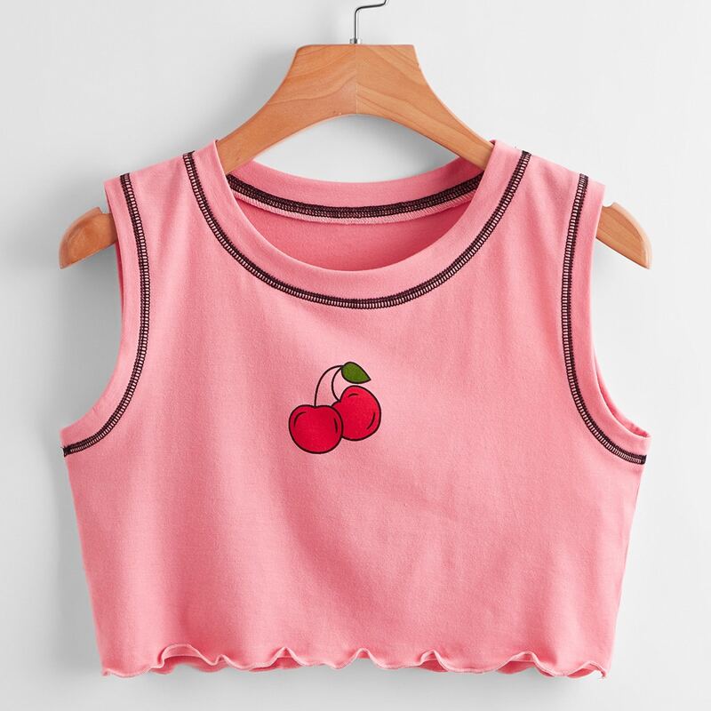 

Stitching Trim Cherry Graphic Tank Top, Hot pink