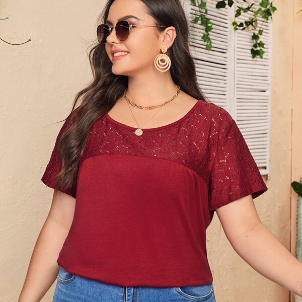 

Plus Contrast Lace Panel Tee, Burgundy