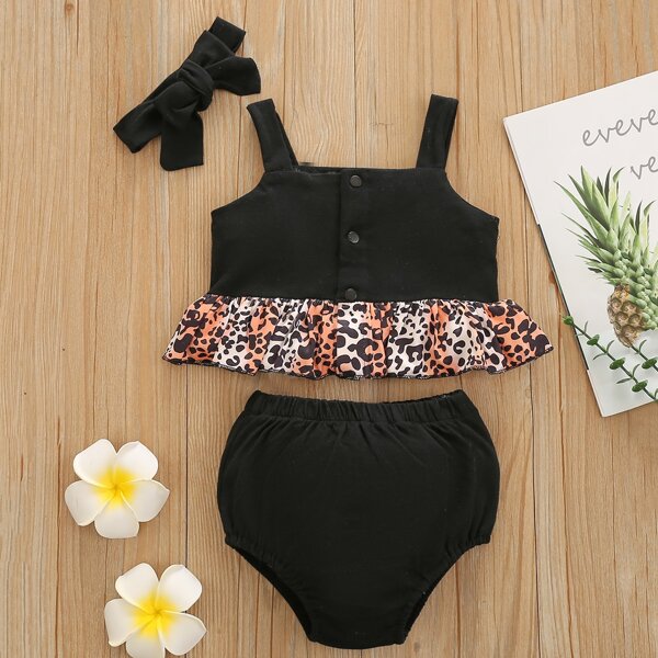 

Baby Girl Ruffle Hem Cami Top & Shorts & Headband, Black