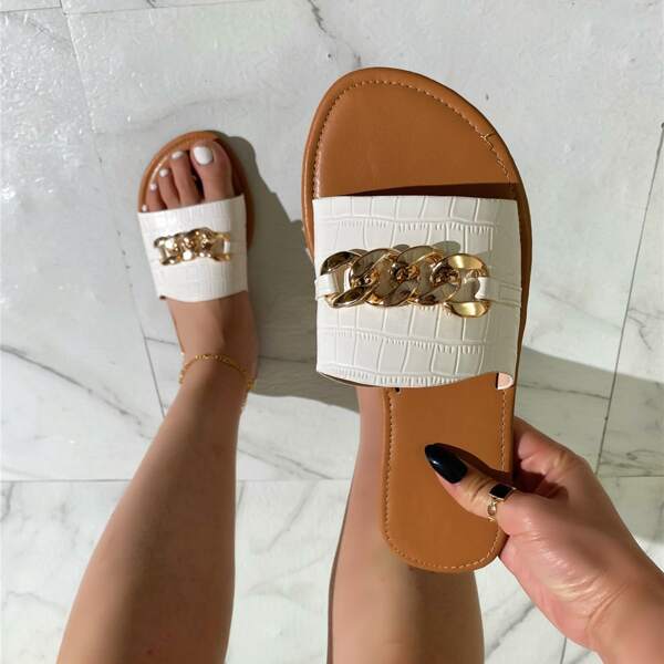 

Chain Decor Croc Embossed Slide Sandals, White