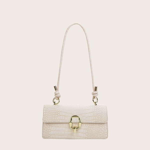 

Metal Lock Croc Embossed Shoulder Bag, Beige