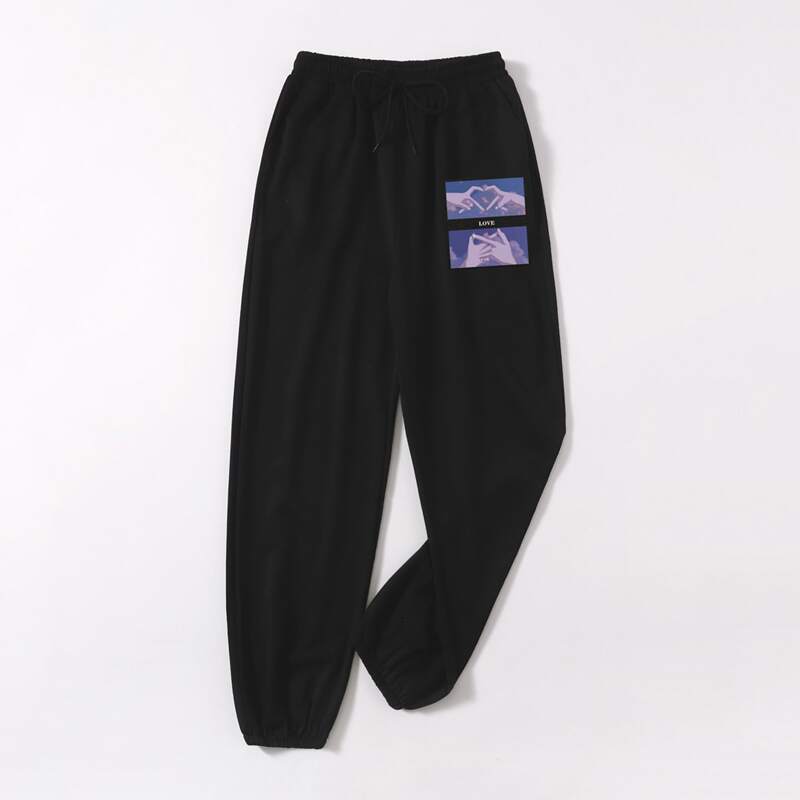 

Letter Hand Graphic Drawstring Sweatpants, Black