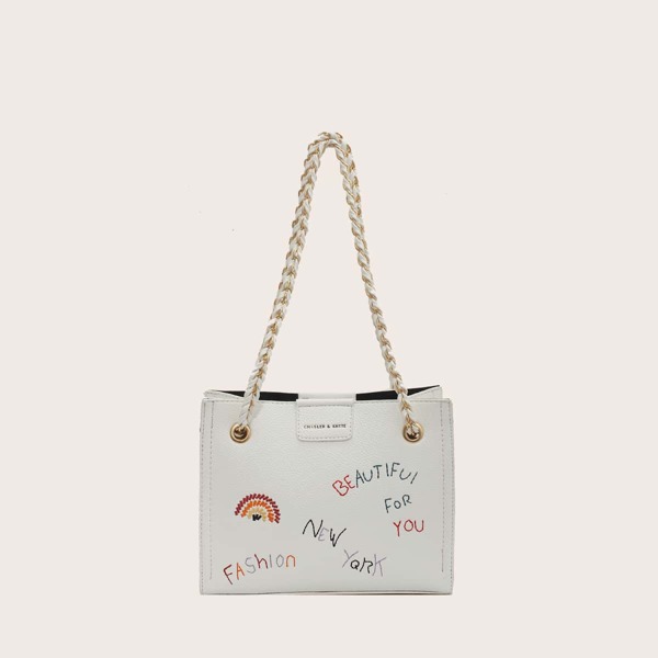 

Letter Embroidery Chain Shoulder Tote Bag, Beige