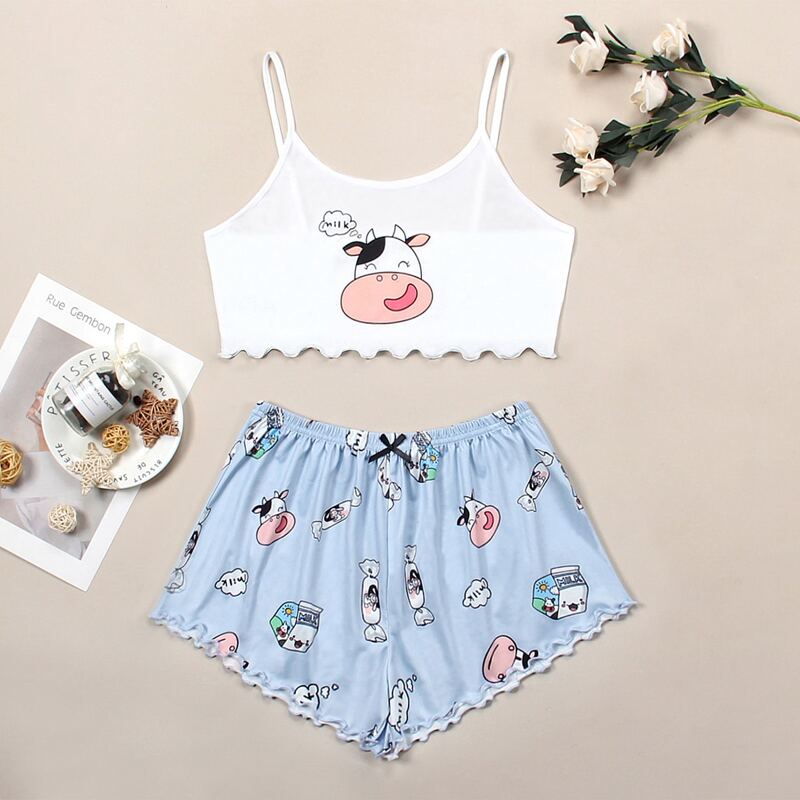 

Cow Print Lettuce Trim Pajama Set, Blue and white