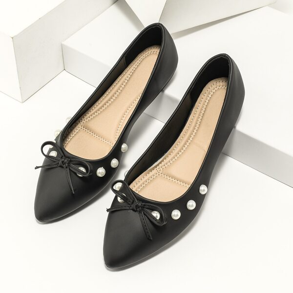 

Bow & Faux Pearl Decor Flats, Black