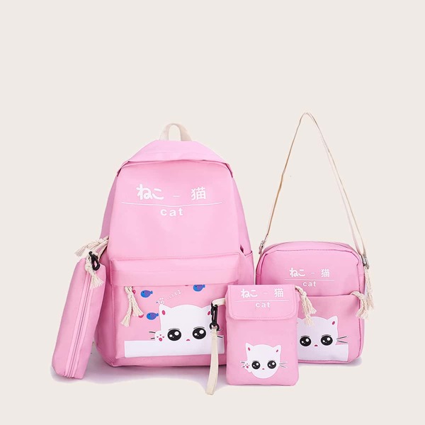 

4pcs Girls Cartoon Graphic Backpack Set, Pink