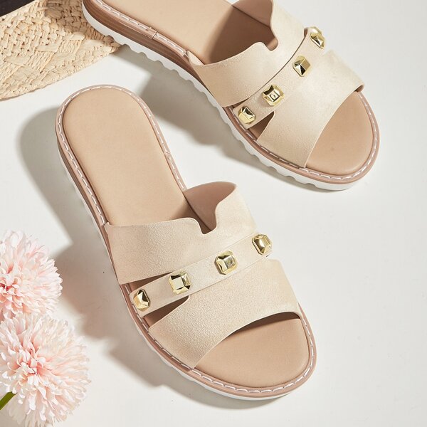 

Studded Decor Cut Out Flatform Mules, Apricot