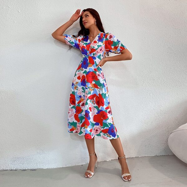 

Floral Print Puff Sleeve A-line Dress, Multicolor