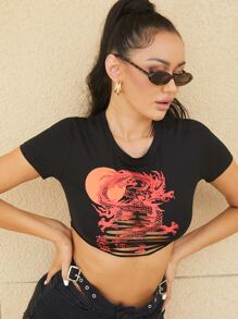Chinese Dragon And Letter Graphic Ripped Tee - Black - View 6